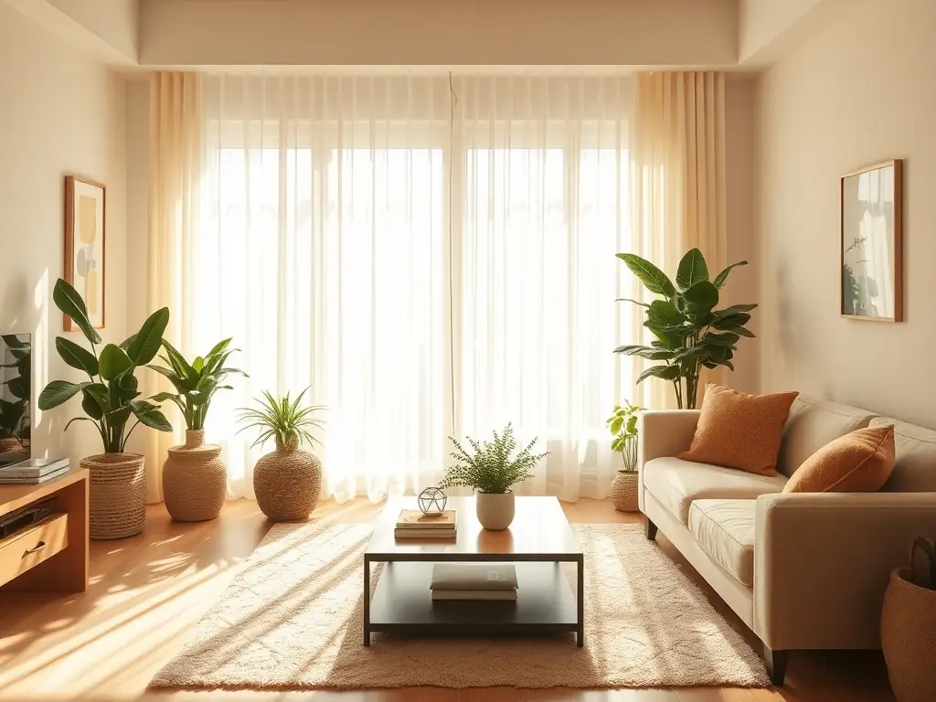 A clean and organized living room with sunlight streaming through the windows, showcasing residential cleaning results.