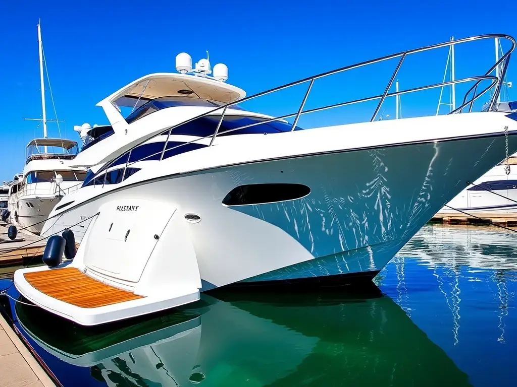 A beautifully cleaned yacht docked at a marina, reflecting the clear blue sky.